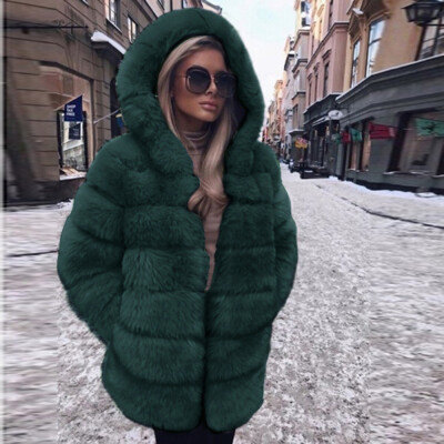 

Roseonmyhand Women Fashion Luxury Faux Fur Coat Hooded Autumn Winter Warm Overcoat