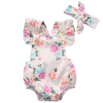 

Newborn Infant Baby Girl Floral Romper Headband Jumpsuit Bodysuit Clothes Outfit