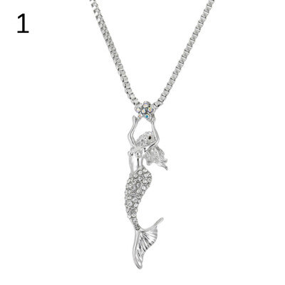 

Elegant Shiny Rhinestone Inlaid Mermaid Sweater Chain Necklace Pendant Decor