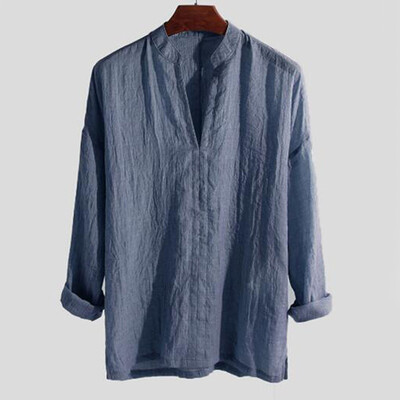 

Summer Men Cotton Linen Pullover Tops Tee 34 Sleeve V Neck Casual Loose T-Shirt