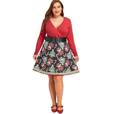 

Christmas Plus Size Long Sleeve Surplice Dress