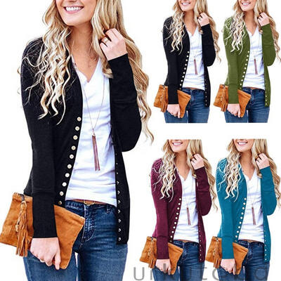 

Women´s V-Neck Snap Button Cardigan Long Sleeve Soft Knitwears Casual Sweater