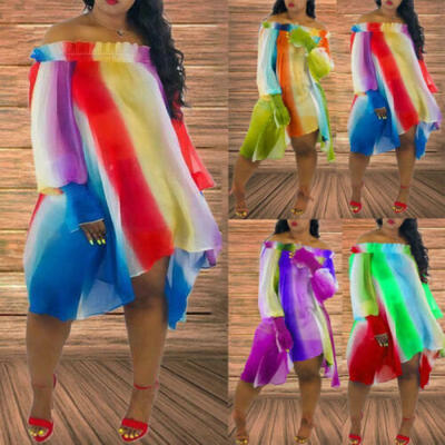 

US Womens Boho Long Sleeve Rainbow Striped Short Mini Summer Print Beach Dress