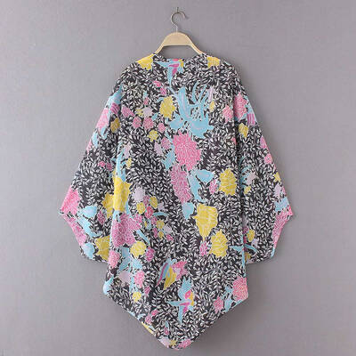 

New Women Chiffon Cardigan Open Front Floral Print Batwing Long Sleeves Vintage Loose Beach Outerwear Cover Up Rose