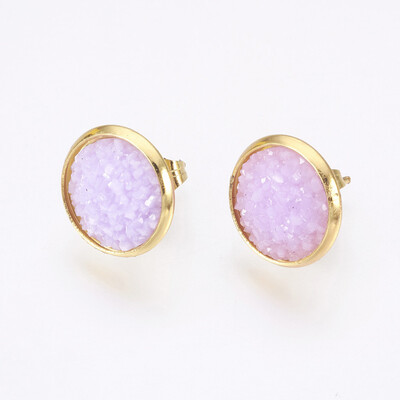 

Resin Stud Earrings with Golden Tone 304 Stainless Steel Findings Flat Round Druzy Resin Lilac 14515mm Pin 07mm