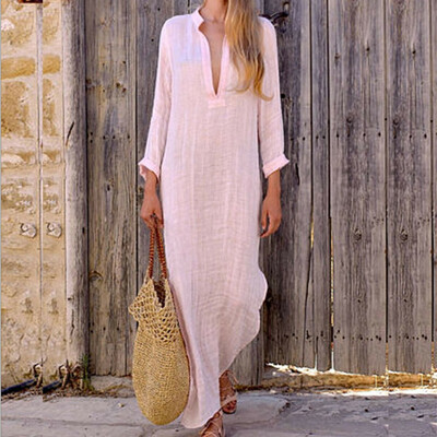 

Women Cotton Linen Maxi Dress Long Sleeve Casual Boho Kaftan Tunic Plus Size