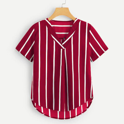 

Roseonmyhand Plus Size Women V-Neck Casual Polka Striped Print Short Sleeve Top Blouse