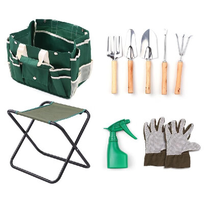 

7 Piece Garden Tools Set Hand Rake Hand Fork Trowel Transplanter Weeder Watering Can Convenient Folding Gardening Seat