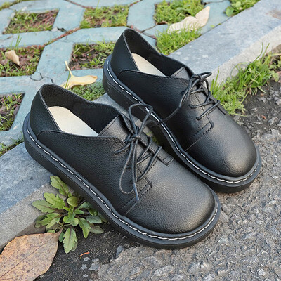 

Black soft sister small leather shoes female British wind spring Korean version of the hundred plus thick bottom tie with single s