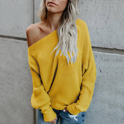 

〖Follure〗Women Solid Long Sleeve Off Shouder Knitted Sweater Jumper Pullover Top Blouse