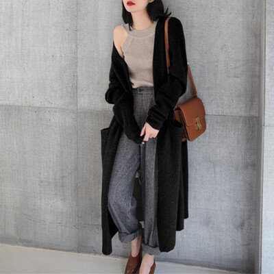 

Women Open Front Cardigan Casual Knitted Maxi Sweater Long Knitwear Loose Coat