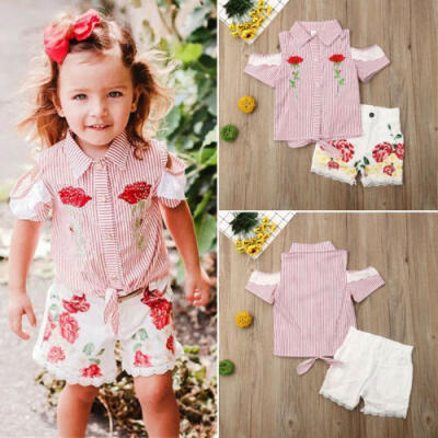 

US Summer Toddler Kids Baby Girl Clothes Stripe Top Pants Rose Embroidery Outfit