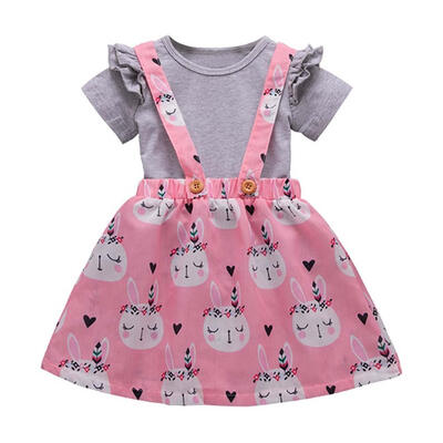 

2pcs Summer Cute Girls Short Sleeve T-Shirt Print Dress Cotton Outfit Set