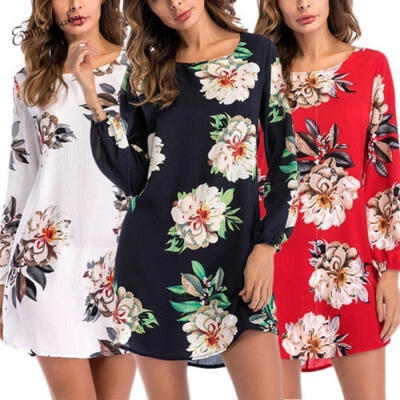 

Fashion Women Boho Beach Holiday Party Dresses Autumn Summer Long Sleeve Floral Printed Dress Ladies Elegant Short Mini Dress