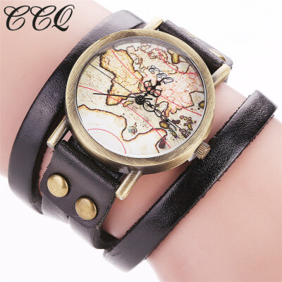 

CCQ Brand Fashion Vintage Leather Bracelcet Wrist Watch Casual World Map Pattern Women Quartz Watch Relogio Feminino 533