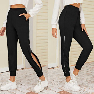 

Women&39s Black Long Pants Zipper Side Slit Trousers Sports Casual Fit High-waisted Jogger Pants