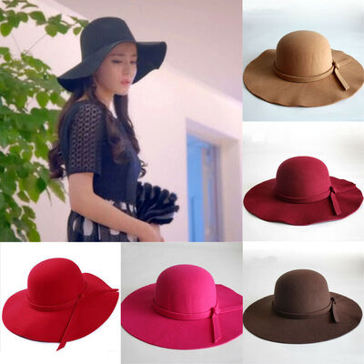 

Fashion Ladies Women Wide Brim Felt Hat With Bowknot Bowler Floppy Wool Sun Caps