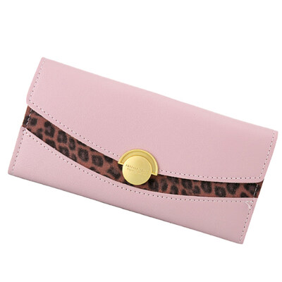 

Womens Leopard Patchwork Round Button Faux Leather Long Wallet Clutch Purse