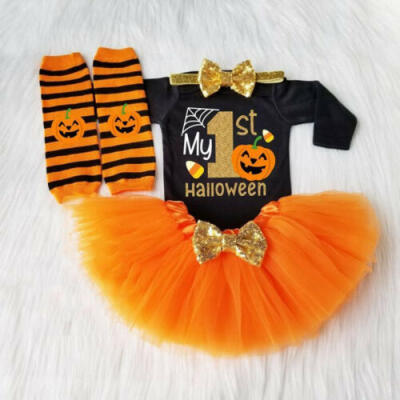 

4Pcs Halloween Baby Girl Tops RomperTutu SkirtLeg WarmersHeadband Clothes Set