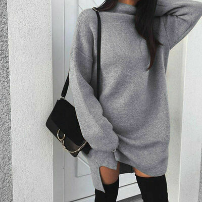 

Women Long Sleeve Knitted Sweater Oversized Pullover Loose Jumper Top Mini Dress