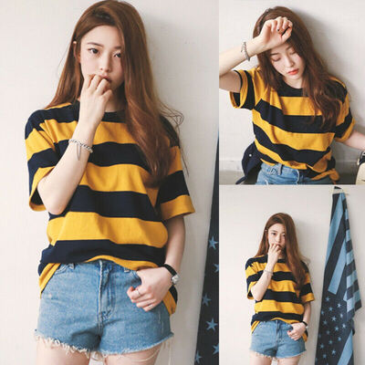 

Womens Summer Striped O- Neck Blouses Loose Baggy Tops Tunic T Shirts Plus Size
