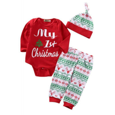 

Newborn Baby Boys Girls My 1st Christmas Romper Tops Pants Hat Outfits Clothes