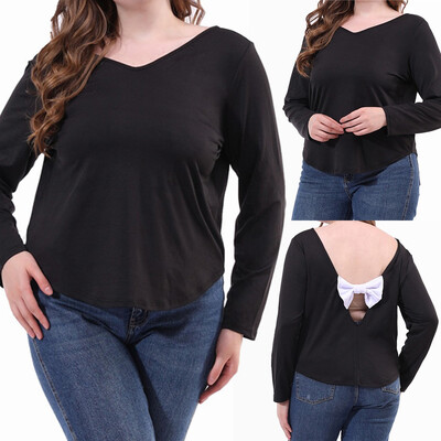 

Roseonmyhand Womens Fashion Sexy Solid Color V-Nack Plus Size Long Sleeve Top