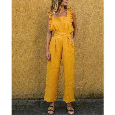 

Womens Square-cut Collar Lace Binding Sleeveless Ruffle Jumpsuit Wide Leg Romper