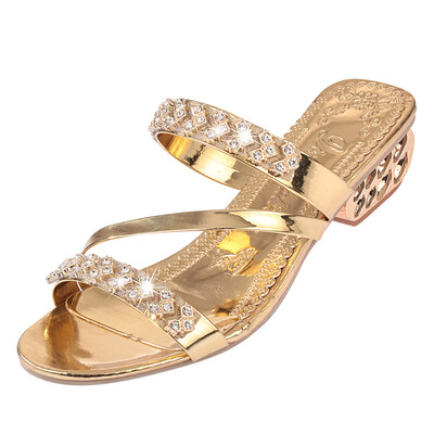 

Rose Women Rhinestone Slippers Women Fashion Open Toe Shoes Bohemia Heel Shoe