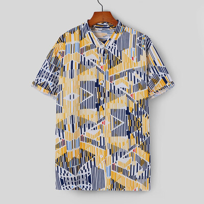 

Tailored Mens Ethnic Printed Stand Collar Colorful Stripe Short Sleeve Loose Shirt