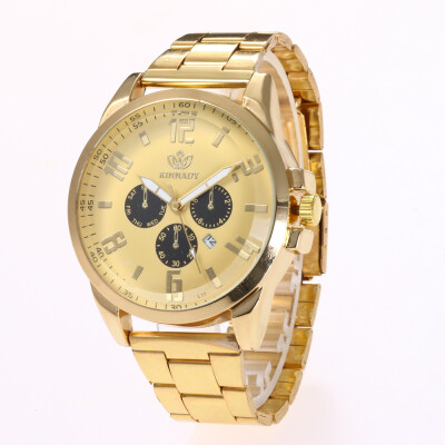 

Selling simple mens alloy steel belt watch fake three eyes with calendar quartz watch