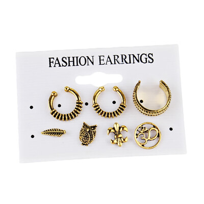 

New Vintage Style Fahionable Earrings Jewelry 7 Pieces Set Bohemian Retro Anchor Leaves Owl Earrings