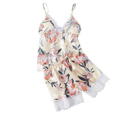 

Toponeto Women Satin Flower Print Silk Lingerie Bow Lace Pajamas Sleepwear Shorts Suit