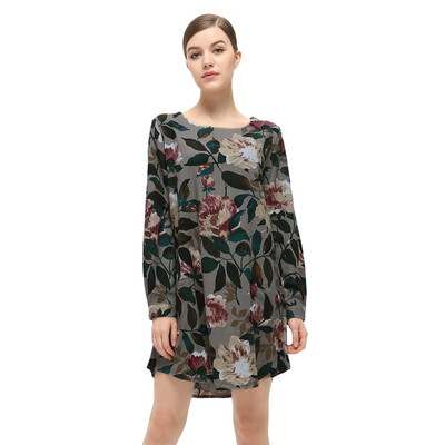 

Casual Round Collar Long Sleeve Floral Print Pocket Dress for Women