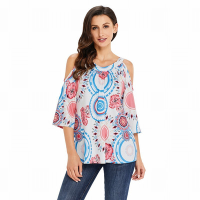 

Round neck cropped sleeves floral pattern loose bohemian tops womens