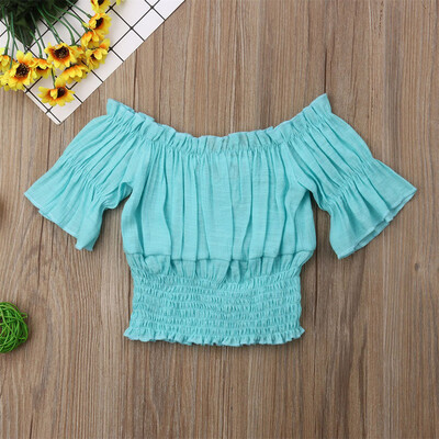 

Toddler Baby Kids Girls Ruched Candy Solid Off Shoulder Blouse Casual Tops