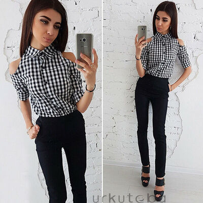 

Fashion Women Long Sleeve Plaid Stripe Cold Shoulder Slim Blouse Shirt Tops New
