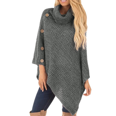 

〖Follure〗Womens Knit Turtle Neck Poncho with Button Irregular Hem Pullover Sweaters
