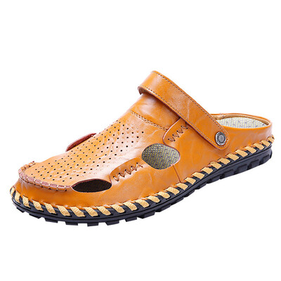 

Sandals 2019 Mens Leather Summer Non-Slip Men Hollow Breathable Sandals Shoes Trend Lazy Slip On Beach Casual Home Shoes