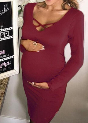 

Simple Pure Color V-neck Maternity Dress