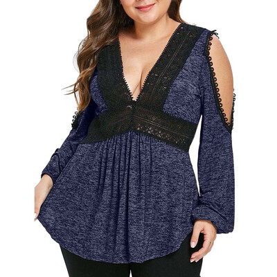 

Roseonmyhand Fashion Women V-Neck Plus Size Open Shoulder Empire Waist Lace T-shirt Tops