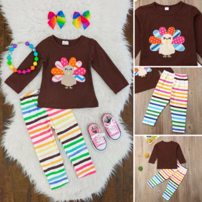 

Toddler Kids Baby Girl Thanksgiving T-shirt Tops Stripe Leggings Outfits Clothes