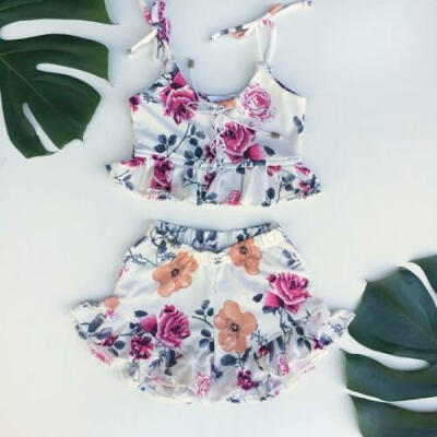 

US Stock Toddler Kid Baby Girl Strap Tops Floral Shorts Pants 2Pcs Set Clothes