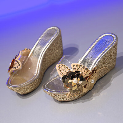 

Slipper women wear thick-bottomed fishmouth summer slope&water table rhinestone transparent flower slippers