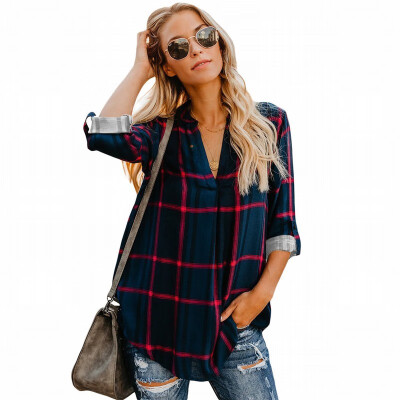 

Plaid Shirt Womens Long Sleeve Winter V-neck Wild Shirt Women