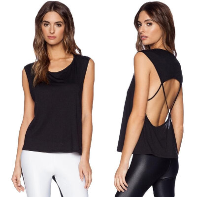 

Sexy Women Top Round Neck Sleeveless Hollow Out Spaghetti Strap Backless Tank Top T-Shirt Black