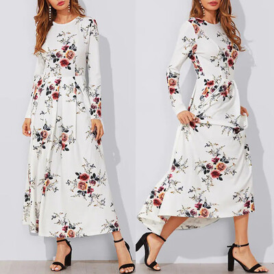 

Tailored Womens Sexy Flower Print Zipper Round Neck Pleated Long Sleeve Slim Fit Dresses