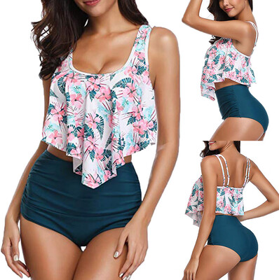 

Roseonmyhand Women Two Piece Plus Size Sexy Backless Halter Floral Printed Swimwear Set