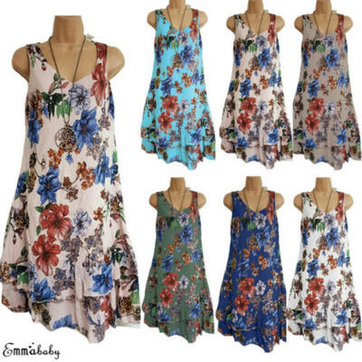 

Plus Size Women Boho Maxi Dress Vest Tank Tops Summer Beach Loose Tunic Sundress