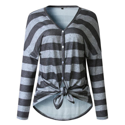 

Stripes Print V Collar Women T-shirt Irregular Buttons Lace Up Long Sleeve Casual T-shirt Loose Tops